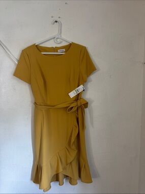 Calvin Klein Mustard Wrap Ruffle Short Sleeve Dress